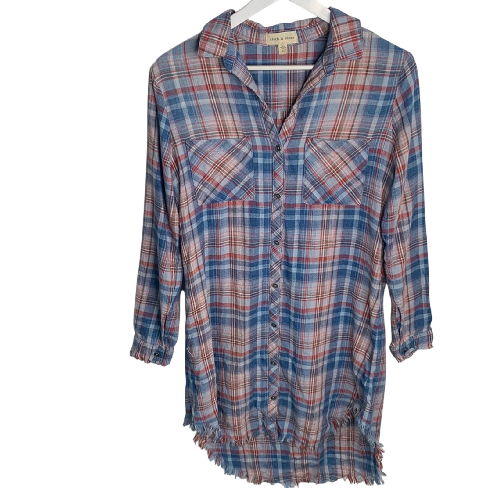 Anthropologie Cloth & Stone Plaid Raw Edged Shirt Dress Tunic W-291 Sz S